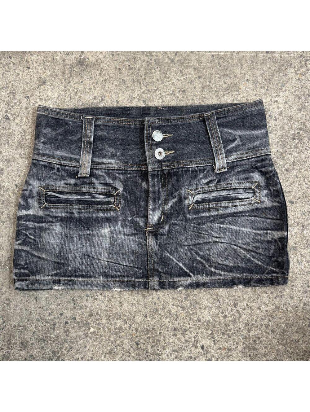 Vintage Y2K Denim Micro Mini Skirt Low Rise Faded Sandblasted